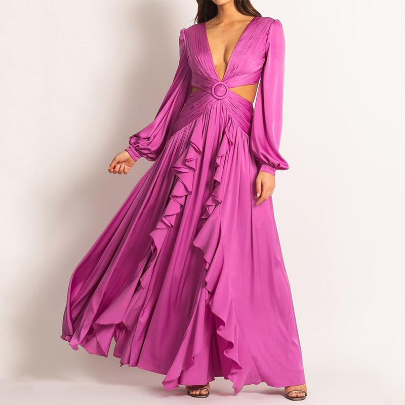 V-neck Pleated Ruffled Maxi Dress