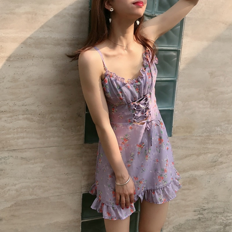 Purple Floral Spaghetti Strap Mini Dress