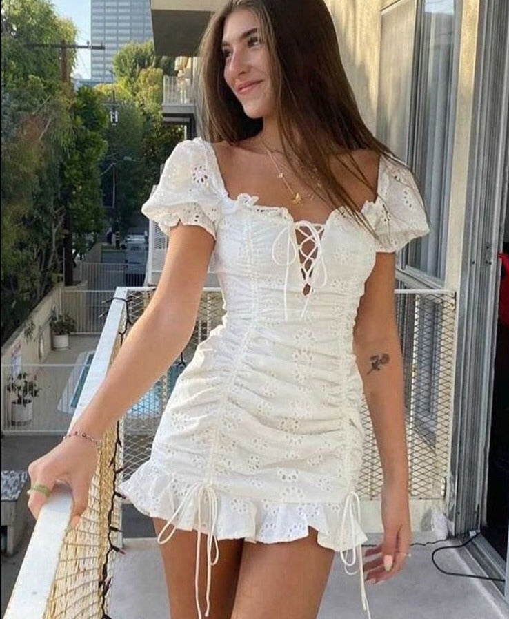 Lace up embroidery puff sleeve ruffle mini dress