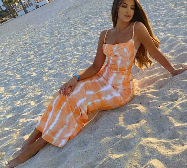 Tie-Dye Printed Orange Bodycon Dress