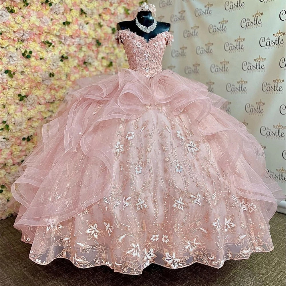 Quinceanera Dresses 3D Flowers Tulle Lace-Up Ball Gown