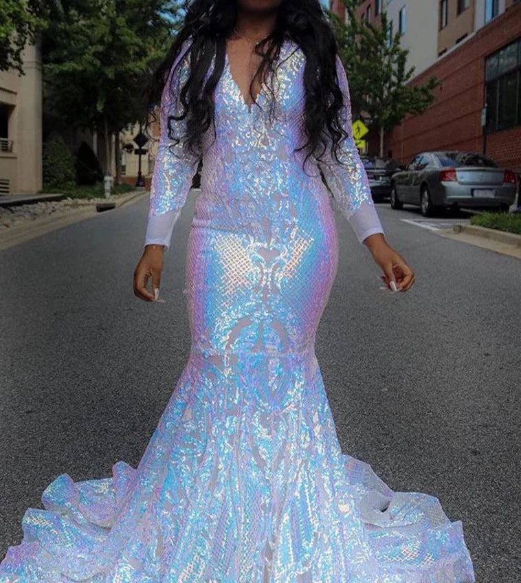 Long Prom Dresses Sheer O-neck Mermaid Prom Gowns