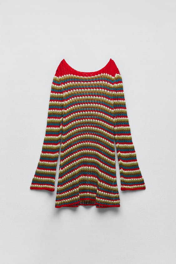 Red Stripe Flare Sleeve Knitted O Neck Crochet Mini Dress