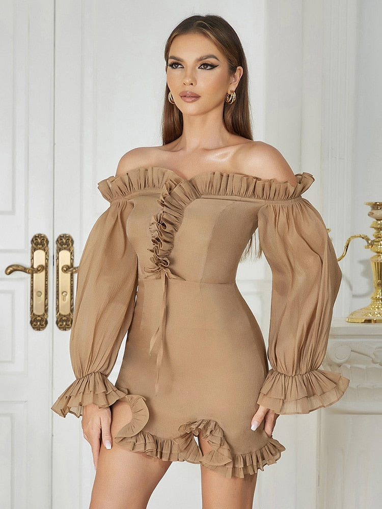 Off Shoulder Slash Neck Puff Sleeve Ruffles Mini Dress