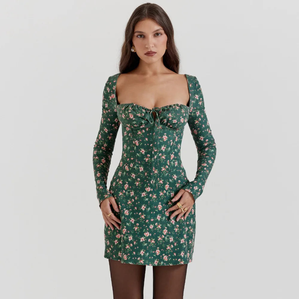 Green Long Sleeve Backless Print Floral Mini Dress