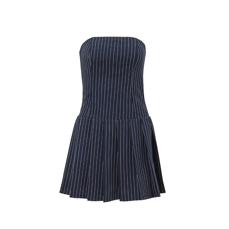 A-line Women Streetwear Slash-neck Pleated Mini Dress