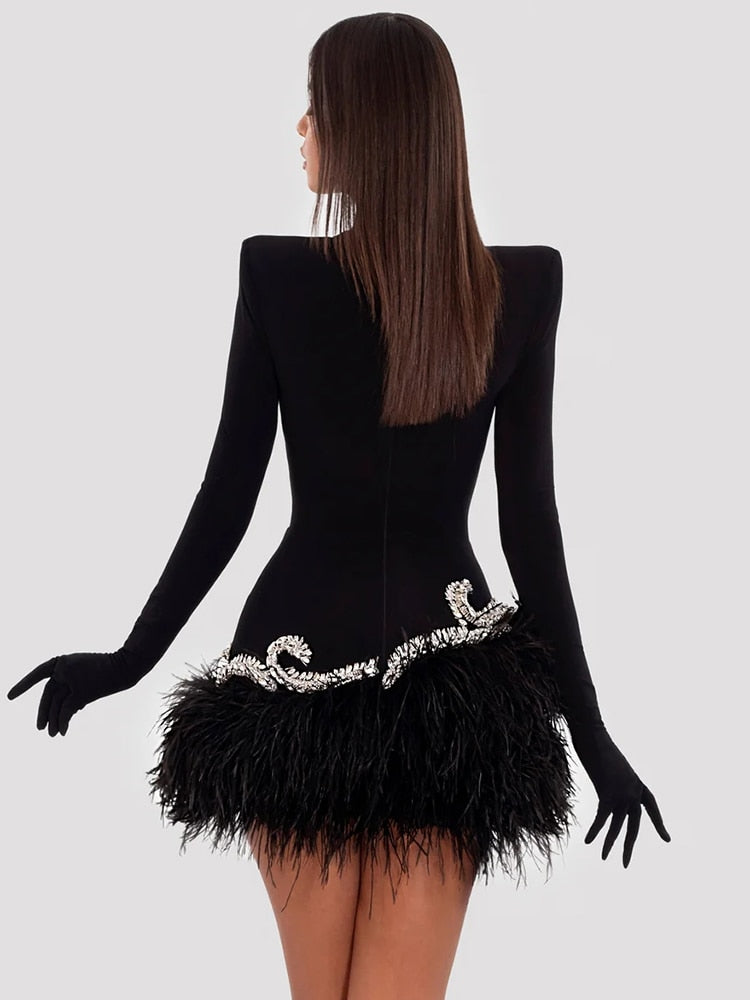 Women Long Sleeve Gloves Crystal Design Velvet Mini Feather Dress