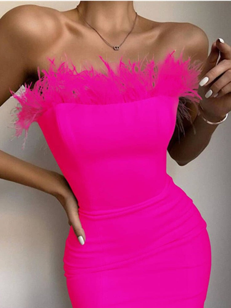 Strapless Backless Feather Midi Dress