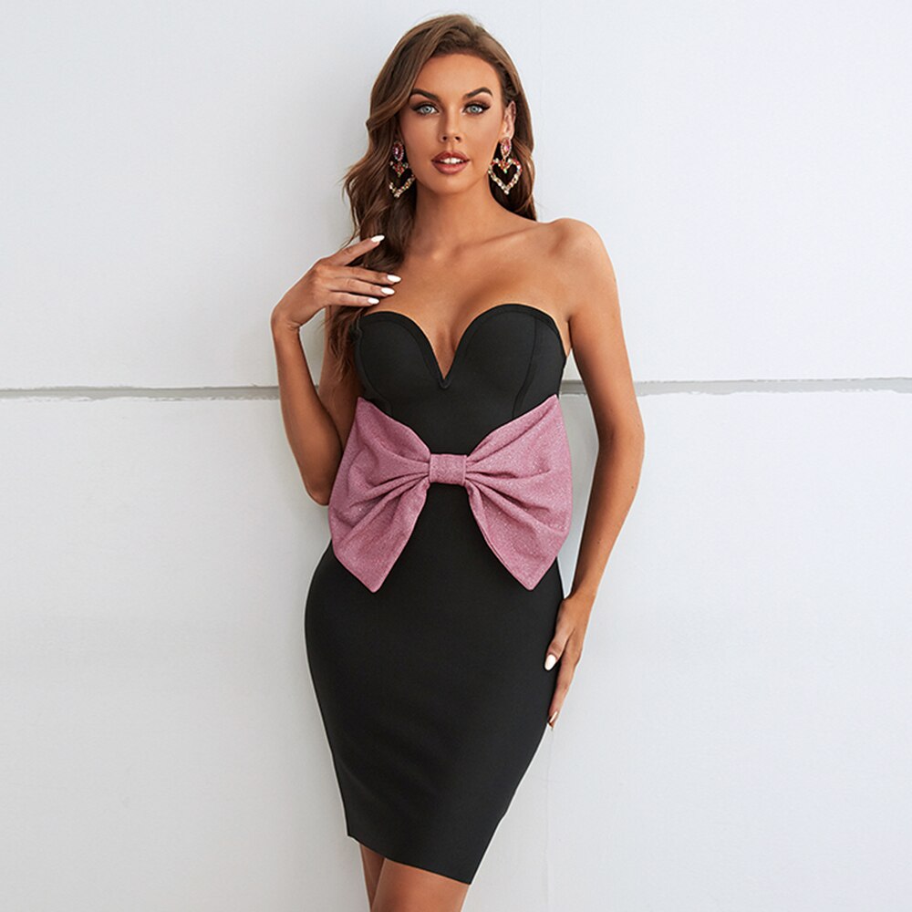 Women's V-neck Strapless Open Back Bow Elegant Mini Dress