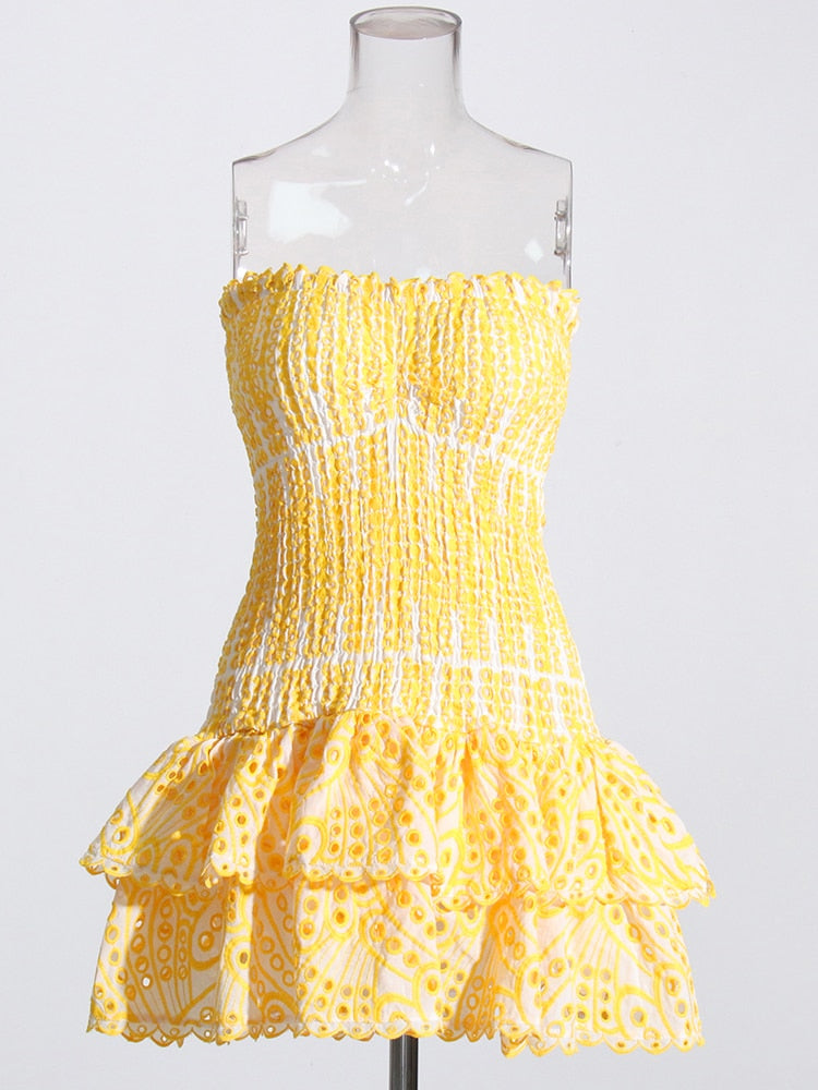 Ruched Printed Ruffle Tube Mini Dress