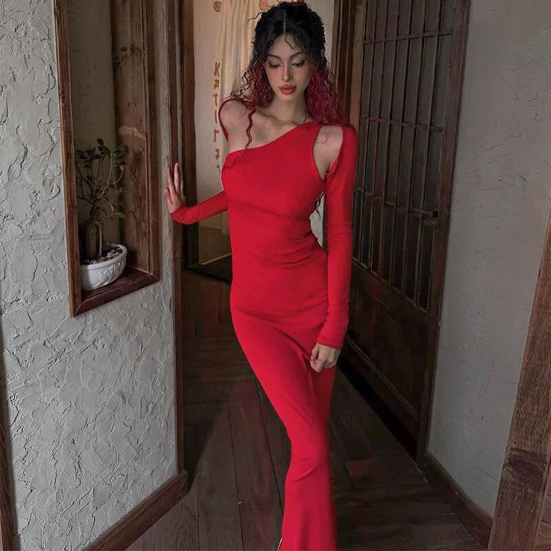 Asymmetric Cut Out Bodycon Long Sleeve Red Maxi Dress