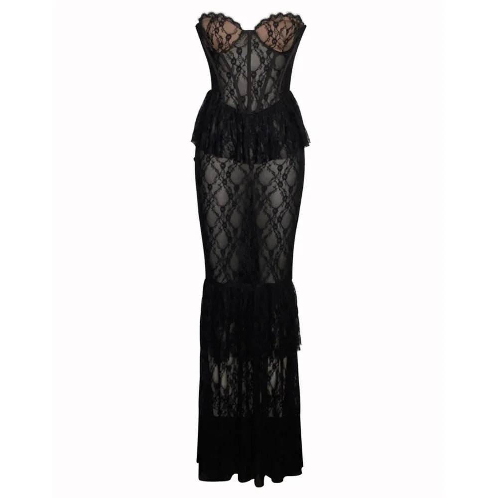 Lace Patchwork See Through Ruffles Solid Long Dress