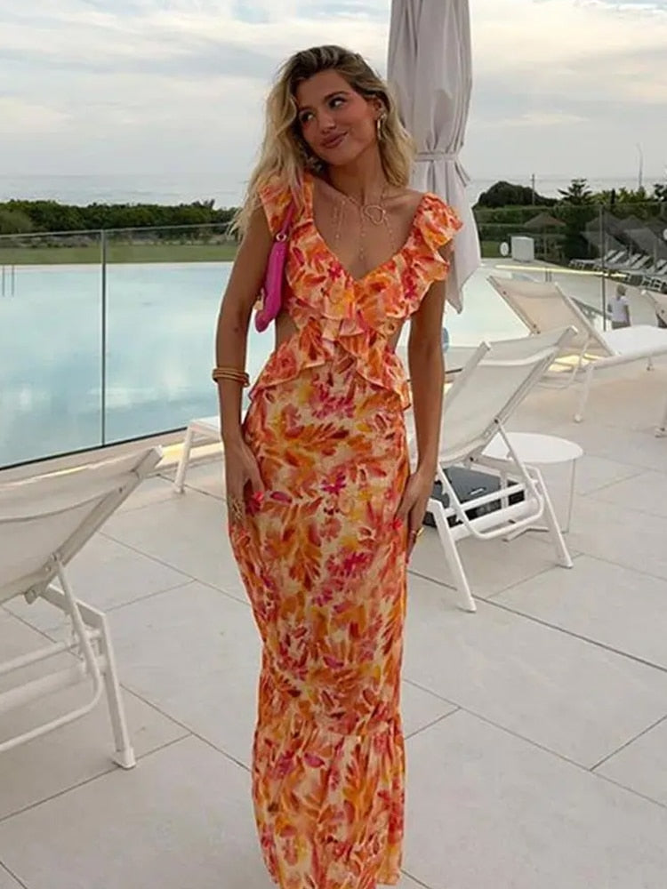 Print Ruffles Hollow Backless Lace Up V-Neck Sleeveless Maxi Dress