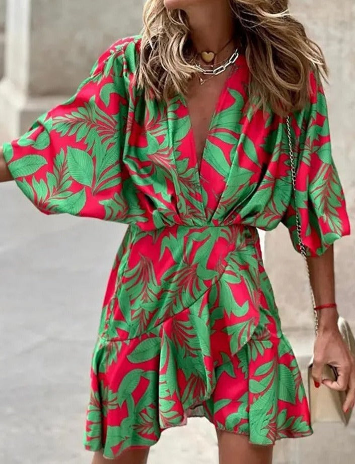 Irregular Printed Women's Bat Sleeve Ruffles Dress