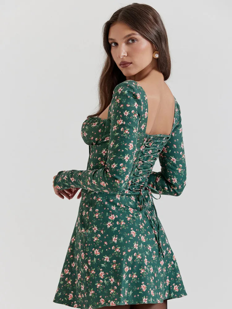 Green Long Sleeve Backless Print Floral Mini Dress