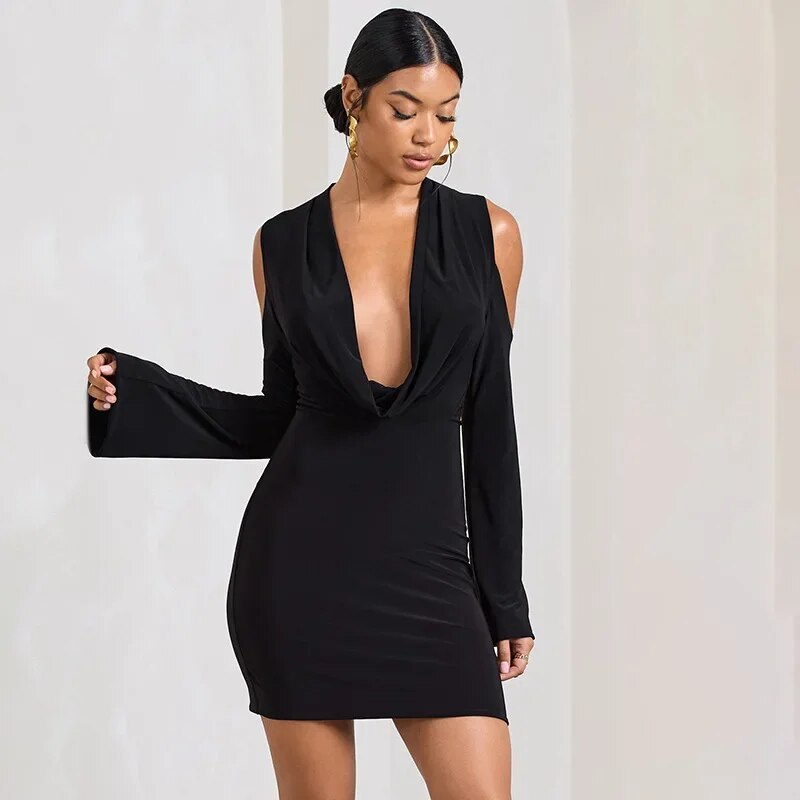 Off The Shoulder Cowl Neck Long Sleeve Short Dress