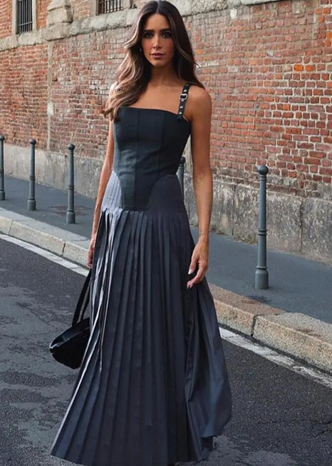 Grey Patchwork Spaghetti Strap Pleated A Line Maxi Dress