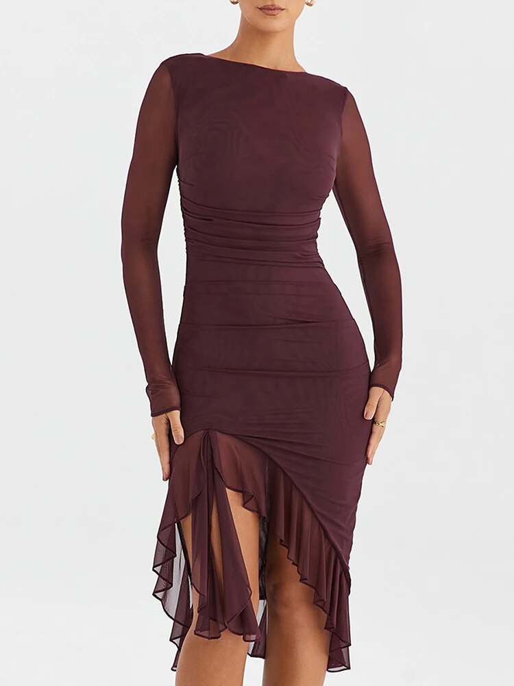 Ruffle Ruched Sheer Long Sleeve Backless Irregular Midi Dress