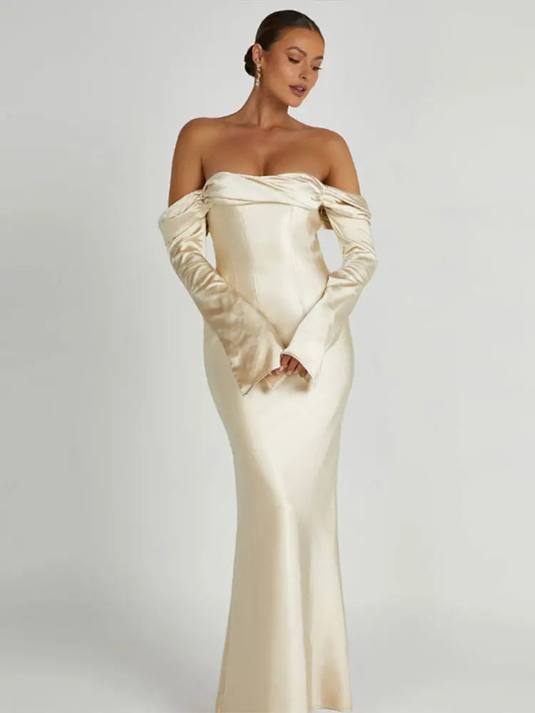 Beige Dress Solid Satin Off Shoulder Fish Tail Maxi Evening Dress