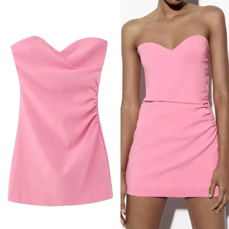 Pink Off Shoulder Women Strapless Mini Dress