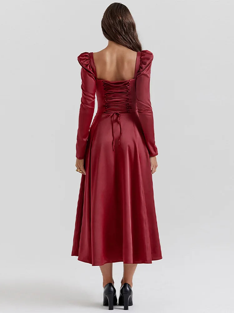 Red Lace Up Long Sleeve Split Midi Dress For Women
