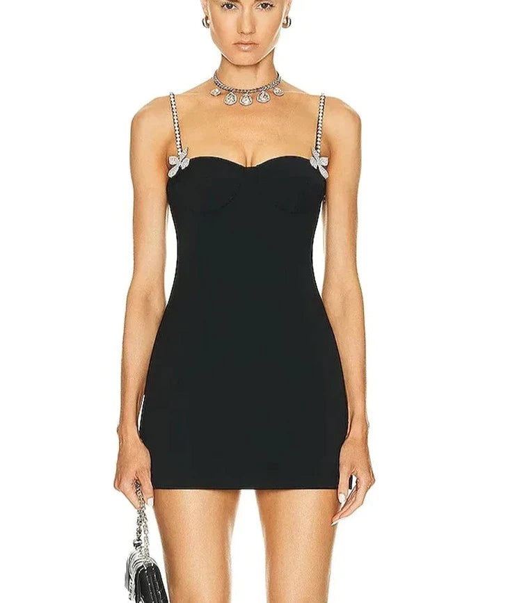 Women's Black Spaghetti Strap Diamond Details Mini Dress