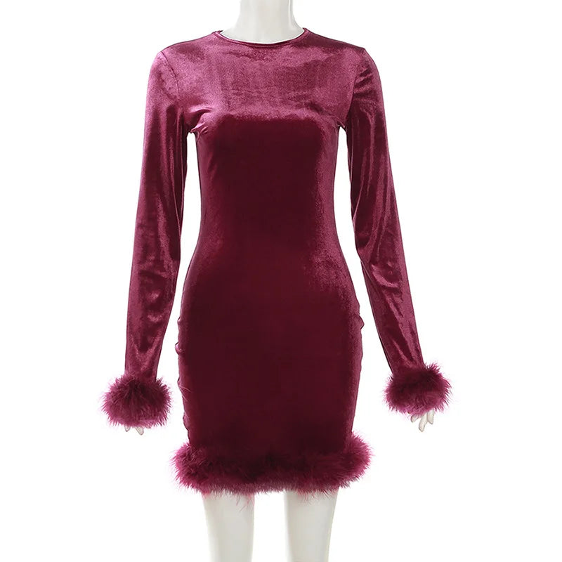 O Neck Long Sleeve Solid Feathers Mini Dress