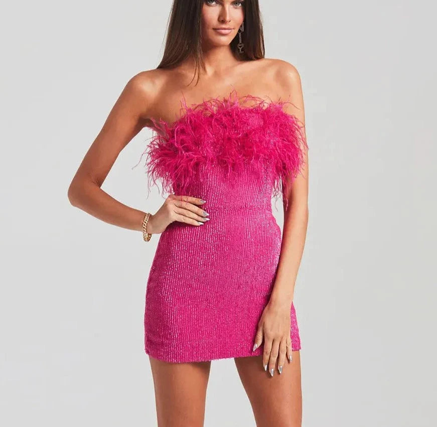 Feather Sequined Patchwork Off Shoulder Mini Dress