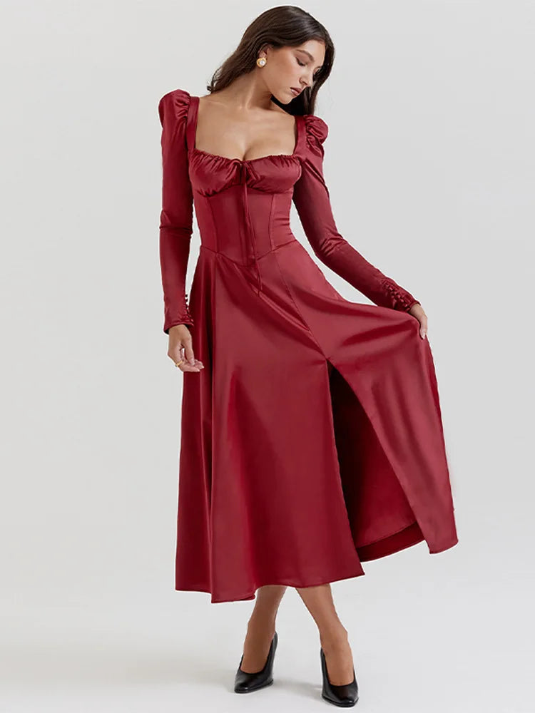 Red Lace Up Long Sleeve Split Midi Dress For Women
