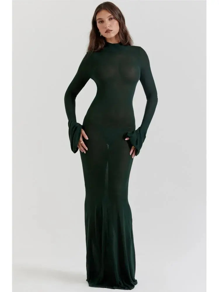 Black Dress See Through Flare Sleeve Turtleneck Floor Length Dress