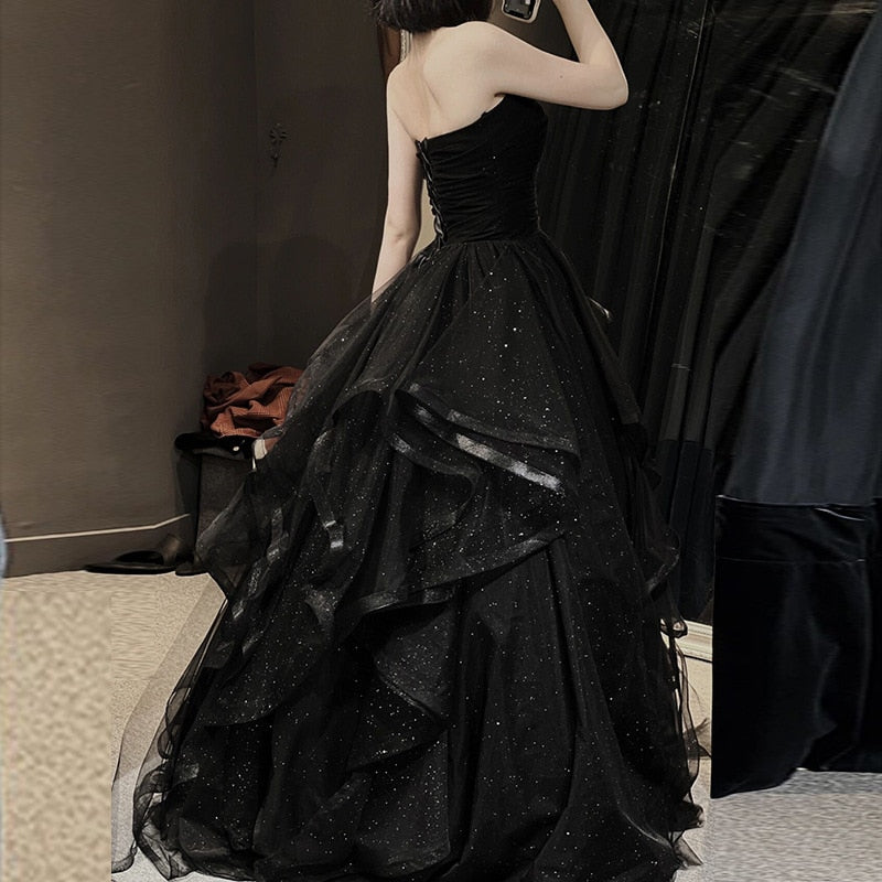 Black Strapless Tiered Draped Prom Ball Gown Maxi Dress