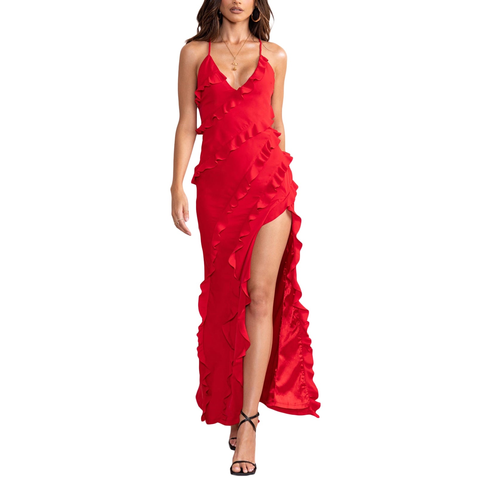 Red Backless Ruffled Deep V neck Long Dress