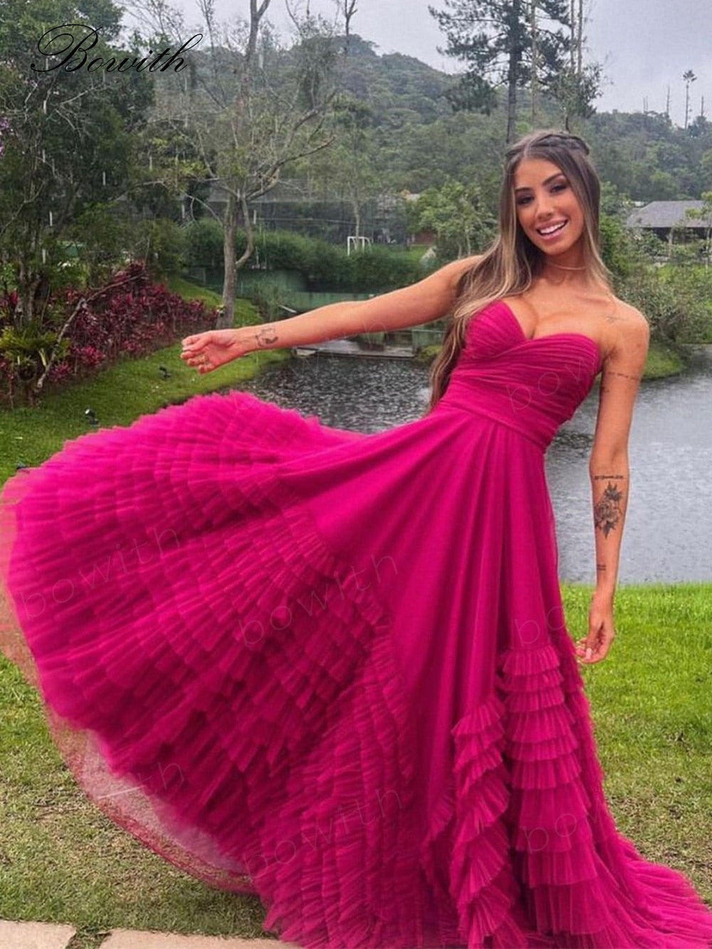 Pink Sweetheart Multilayer Prom Dress Strapless A-line Tulle Maxi Dress