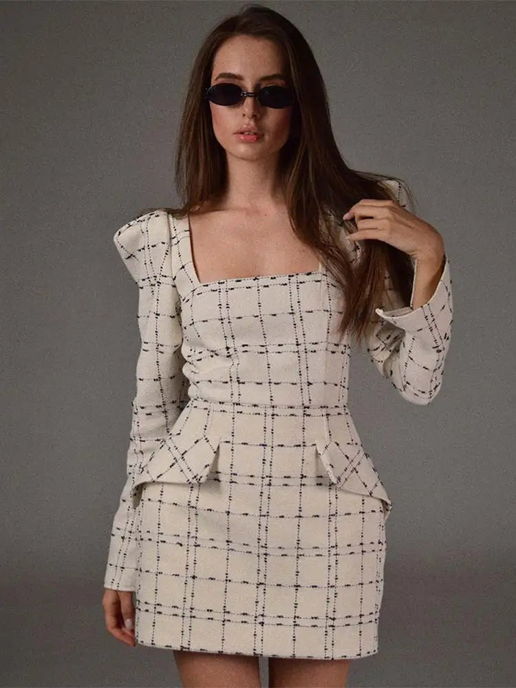 Square Collar Padded Plaid Fake Pockets A Line Mini Dress