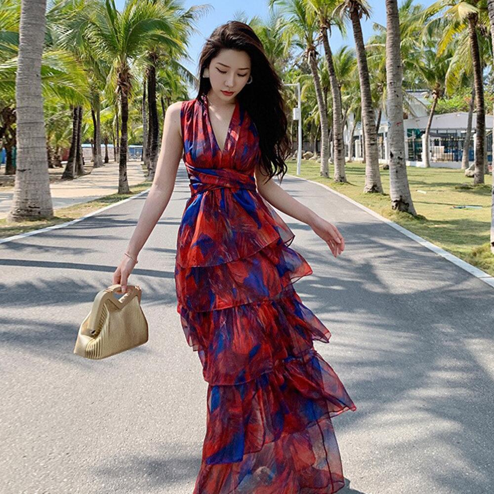 Printed V-Neck Ruffles Maxi Dress