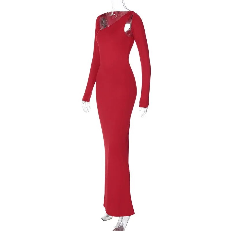 Asymmetric Cut Out Bodycon Long Sleeve Red Maxi Dress
