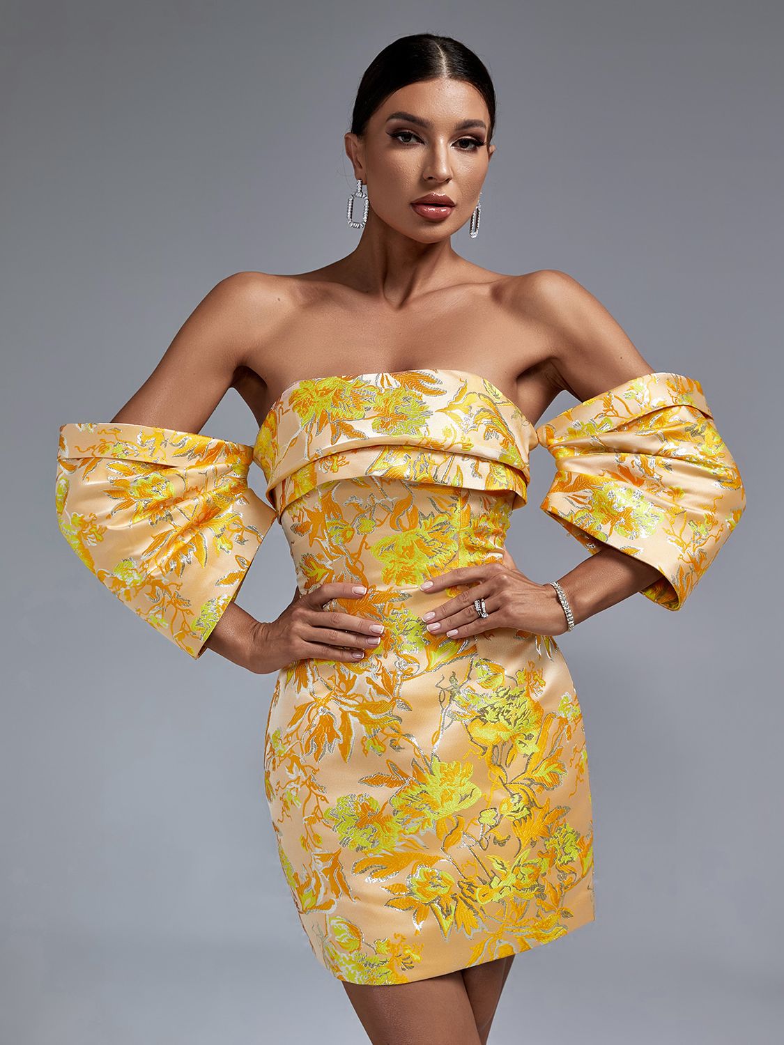 Jacquard Women Off Shoulder Yellow Bodycon Dress