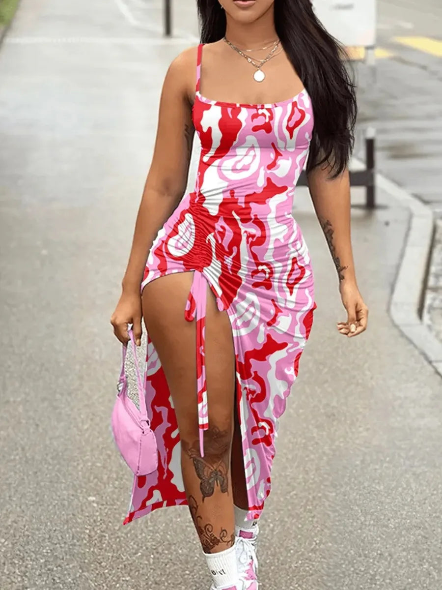 Multicolor Ruched Drawstring Thigh Split Backless Midi Dress