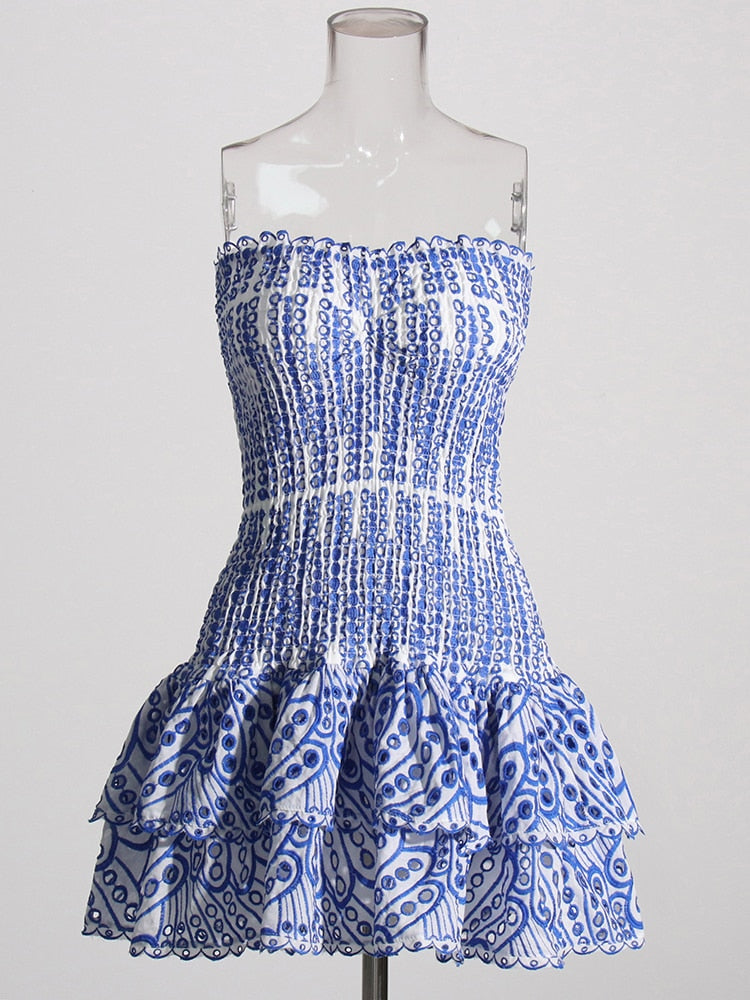 Ruched Printed Ruffle Tube Mini Dress