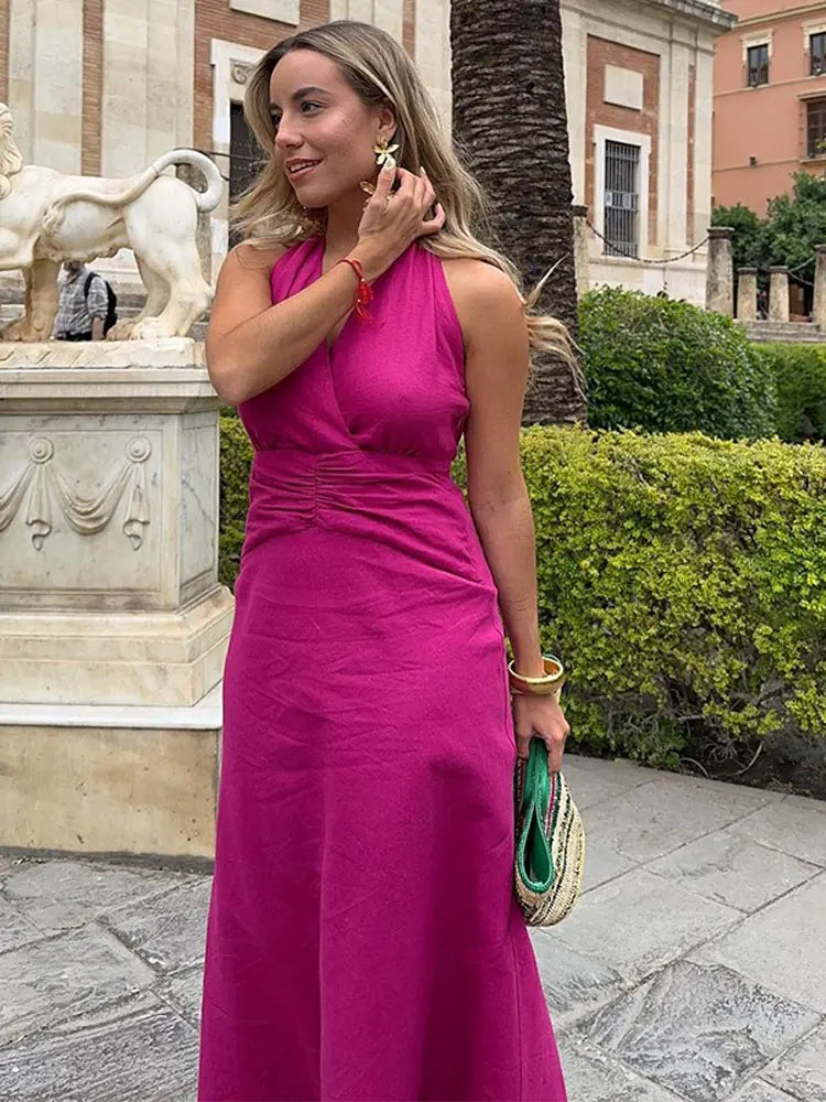 Pink Dress Pleated Deep V-Neck Halter Backless Maxi Dress