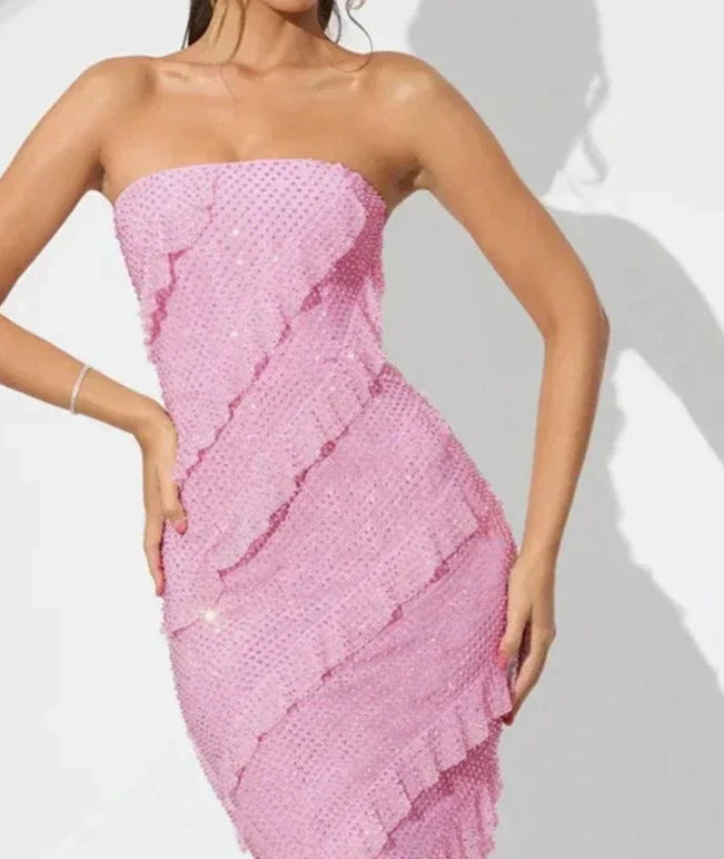 Pink Dress Ruffle Fringe Strapless Backless Evening Dress