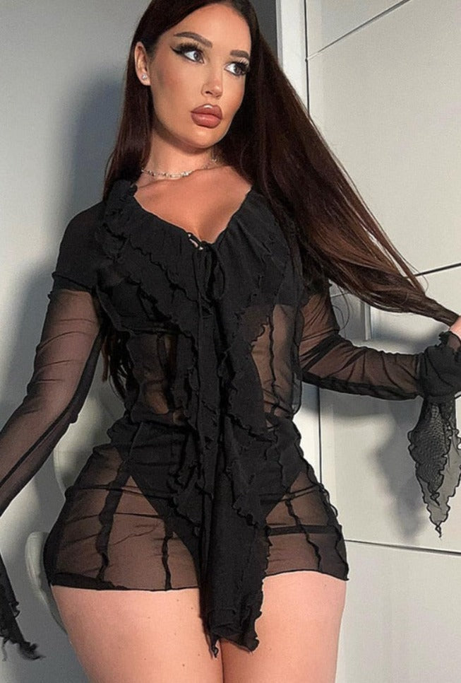 Ruffle Flare Sleeve Deep V Neck Black Mesh See Through Mini Dress