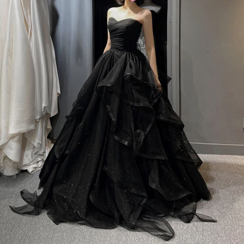 Black Strapless Tiered Draped Prom Ball Gown Maxi Dress