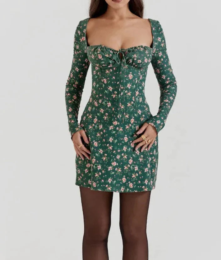 Green Long Sleeve Backless Print Floral Mini Dress