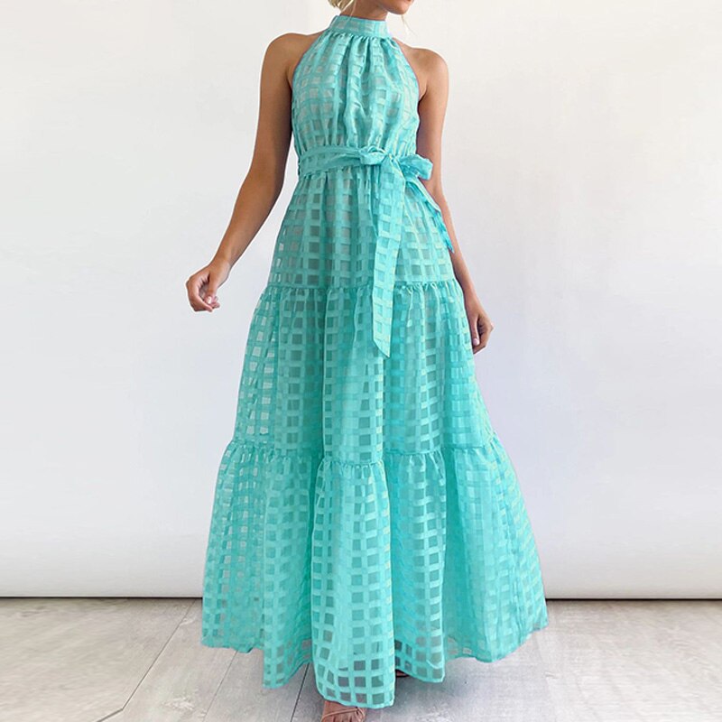 Women Loose Pleated Sleevelss Cascading Ruffle Maxi Dress