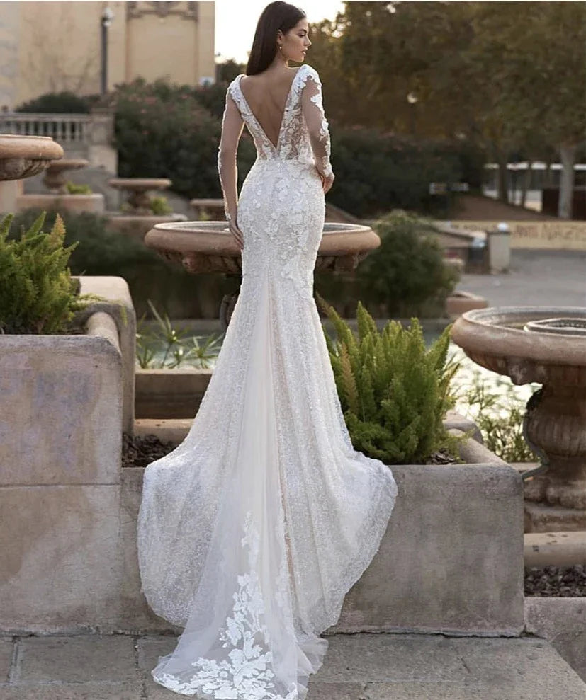 Lace Sequins Mermaid Wedding Dress Sweep Train Bride Gown