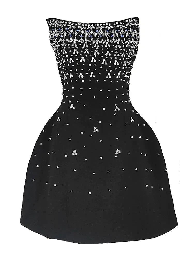 Diamond Spliced Slash Neck Sleeveless Black Mini Dress