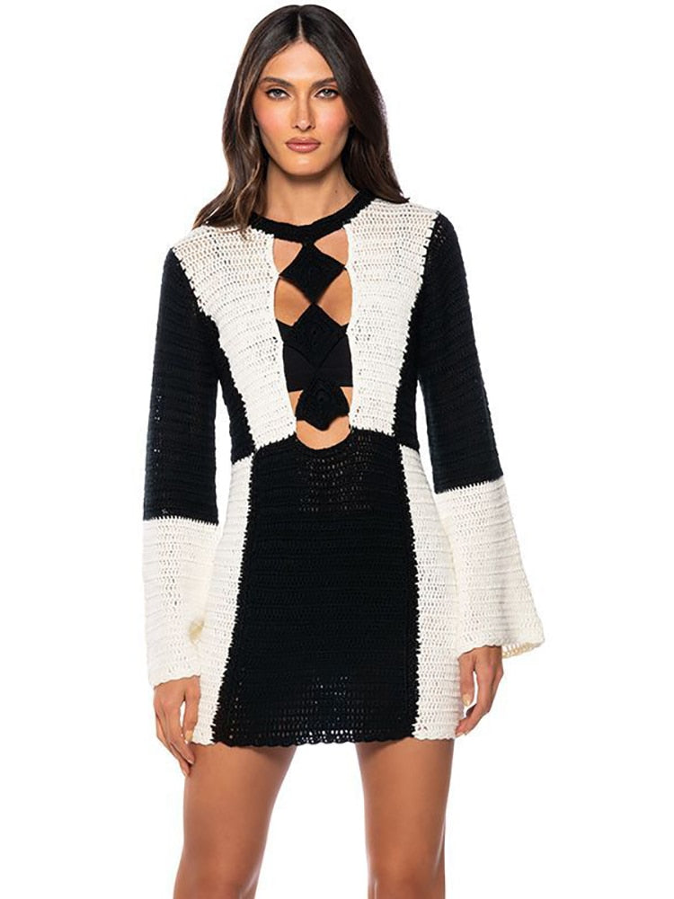 Patchwork Hollow Out White Long Sleeve Round Neck Knit Dress