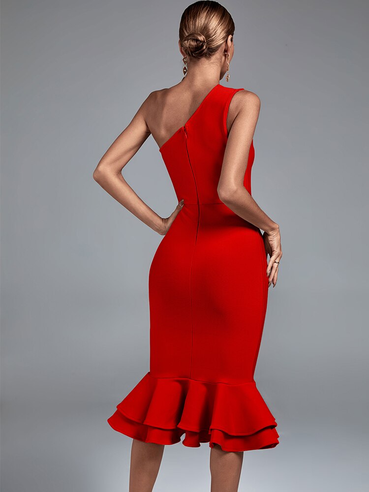 Mermaid Bandage Women Black One Shoulder Midi Dress