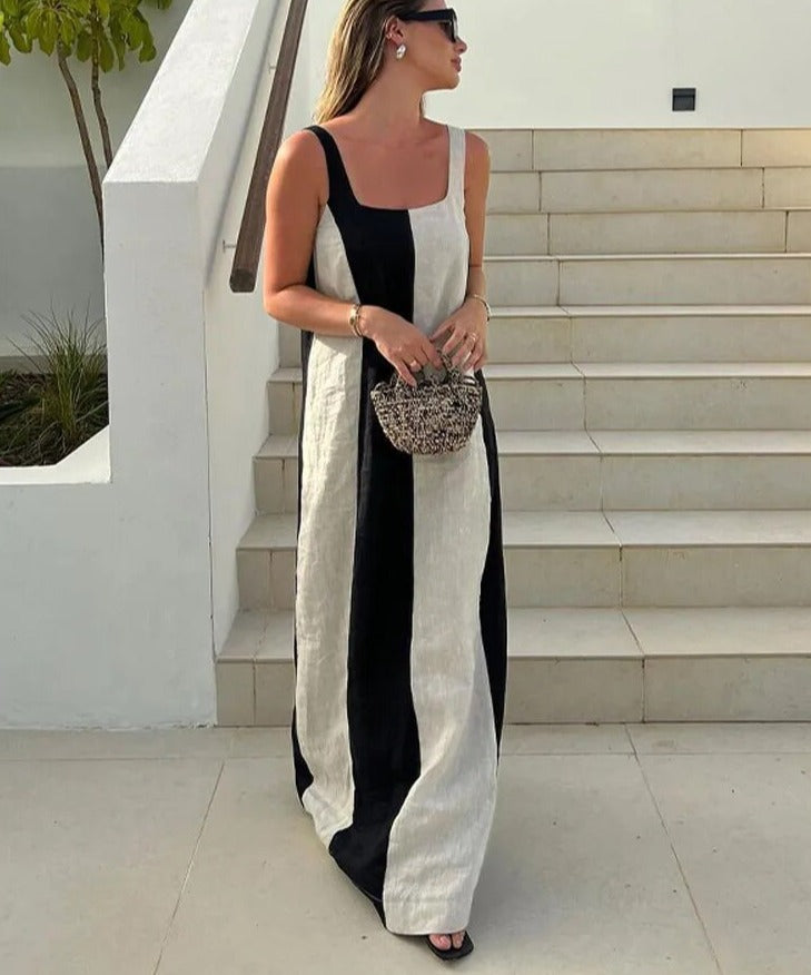 Black White Patchwork Backless Square Neck Maxi Dress